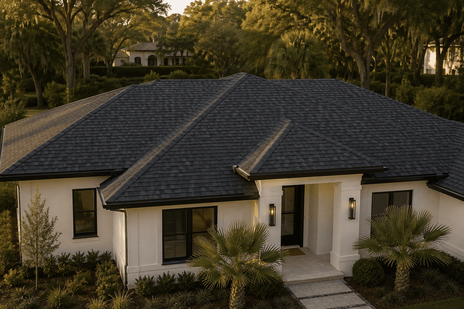 Illustrative architectural shingle roofing system on a landscaped Florida home.
