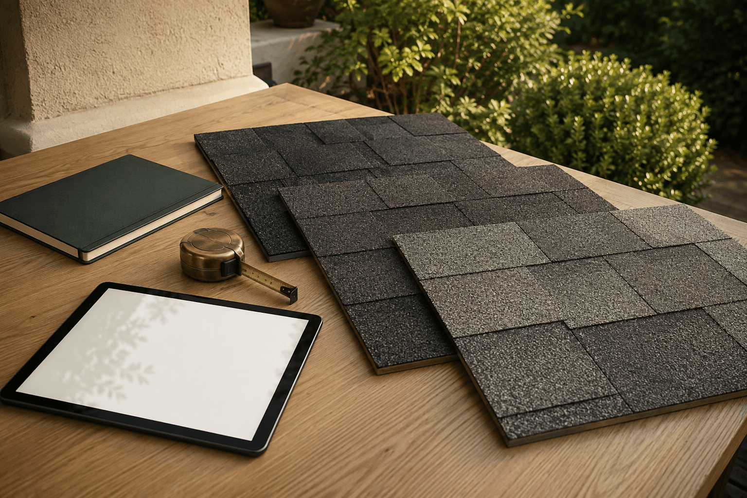 Illustrative shingle samples, a field notebook and a tablet arranged on a contractor’s worktable.