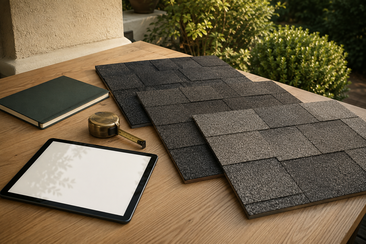 Illustrative charcoal, slate and gray shingle sample boards beside a contractor notebook.